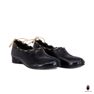WoodchuckSato Black Leather Tabi Mary Jane Heels with Black Rope Trim