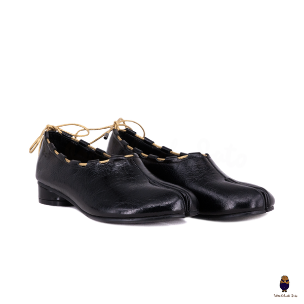 WoodchuckSato Black Leather Tabi Mary Jane Heels with Black Rope Trim