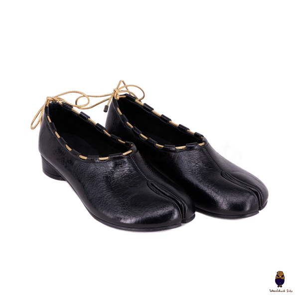 WoodchuckSato Black Leather Tabi Mary Jane Heels with Black Rope Trim