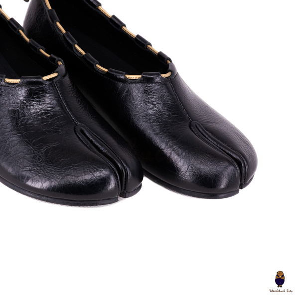 WoodchuckSato Black Leather Tabi Mary Jane Heels with Black Rope Trim