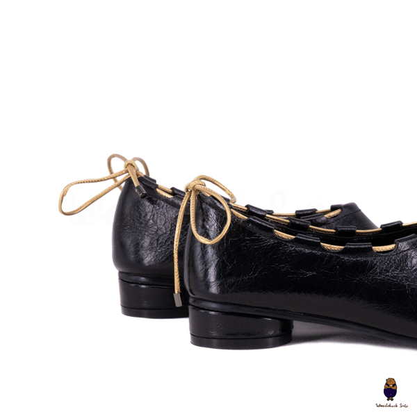 WoodchuckSato Black Leather Tabi Mary Jane Heels with Black Rope Trim