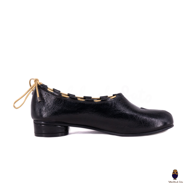 WoodchuckSato Black Leather Tabi Mary Jane Heels with Black Rope Trim