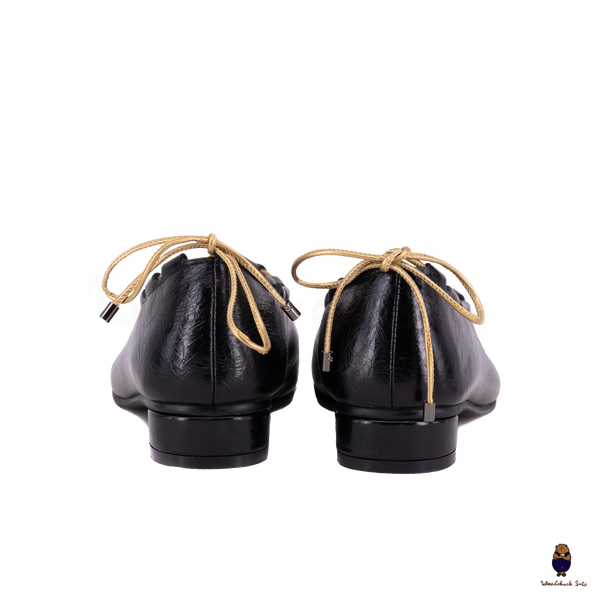 WoodchuckSato Black Leather Tabi Mary Jane Heels with Black Rope Trim