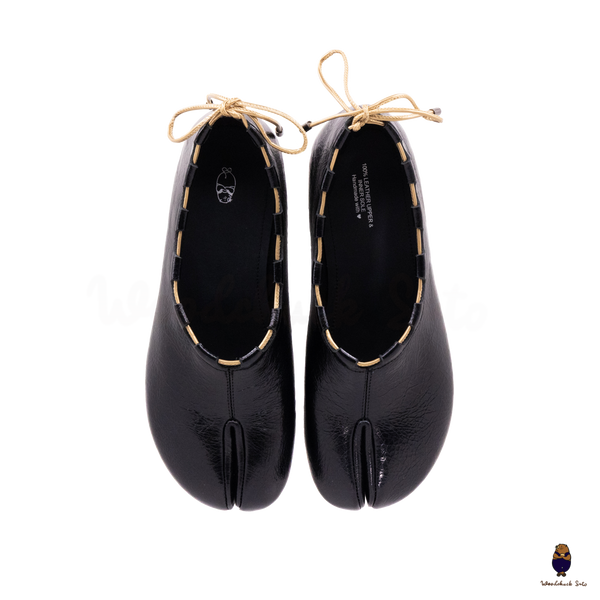 WoodchuckSato Black Leather Tabi Mary Jane Heels with Black Rope Trim