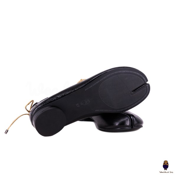WoodchuckSato Black Leather Tabi Mary Jane Heels with Black Rope Trim