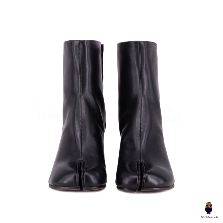 WoodChuckSato Botas de cuero de vaca Tabi con punta dividida y tacón de 8 cm de altura para hombre, color negro, tallas EU 35-48