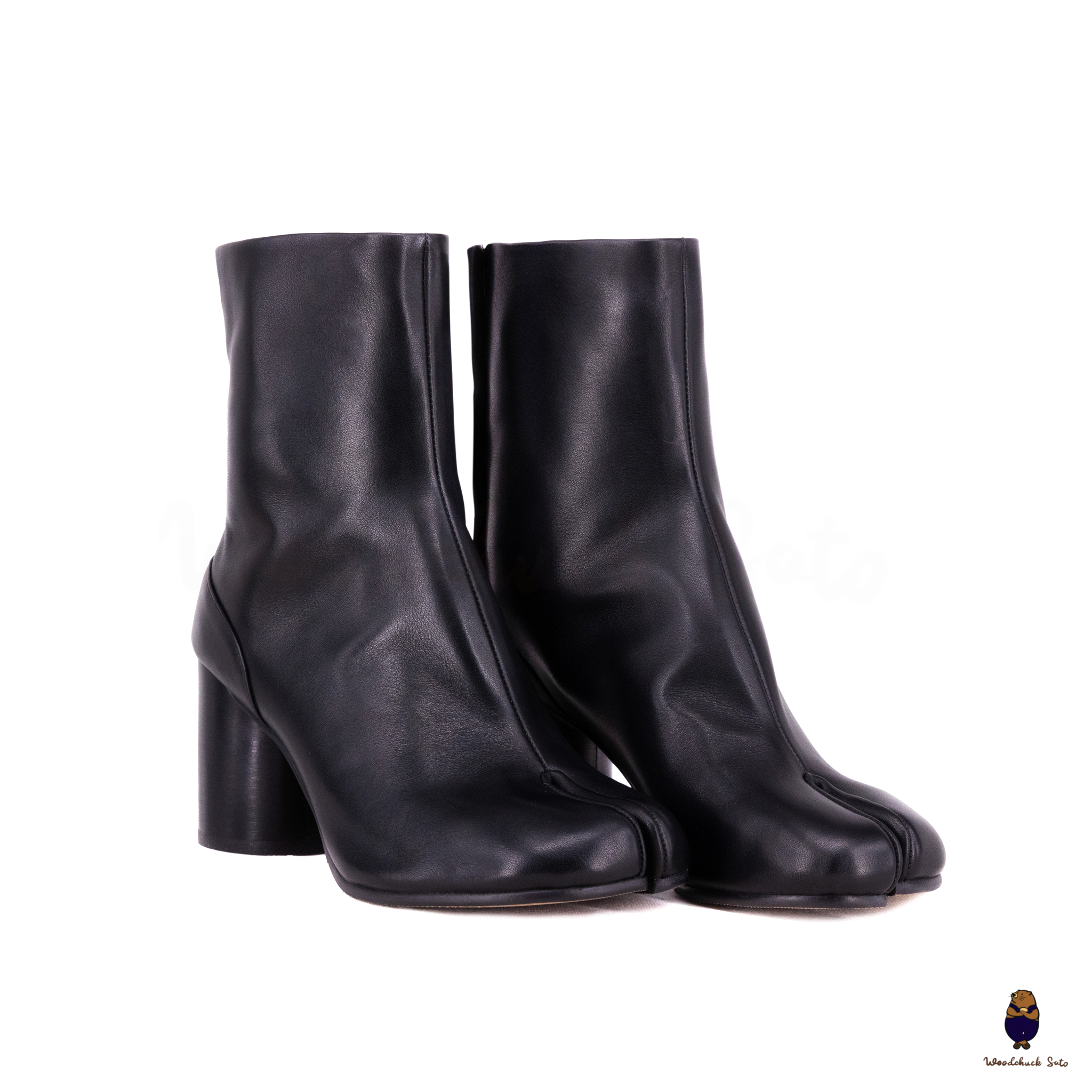 WoodChuckSato Women's Men's Black Tabi Split-Toe Cow Leather Boots with 8cm Heel Height Sizes EU 35-48