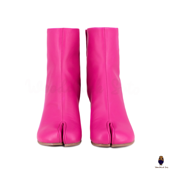 WoodChuckSato Women's Men's Pink Tabi Split-Toe Cow Leather Boots with 8cm Heel Height Sizes EU 35-48