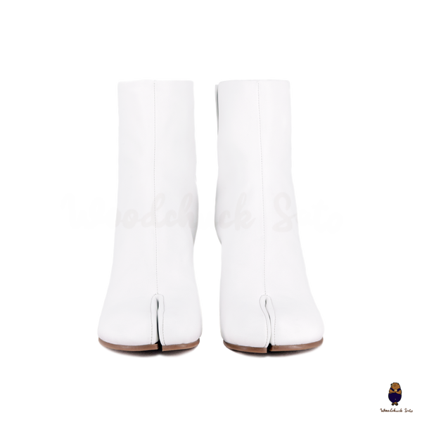 WoodchuckSato White Cow Leather Tabi Ankle Boots with 8 cm Block Heel
