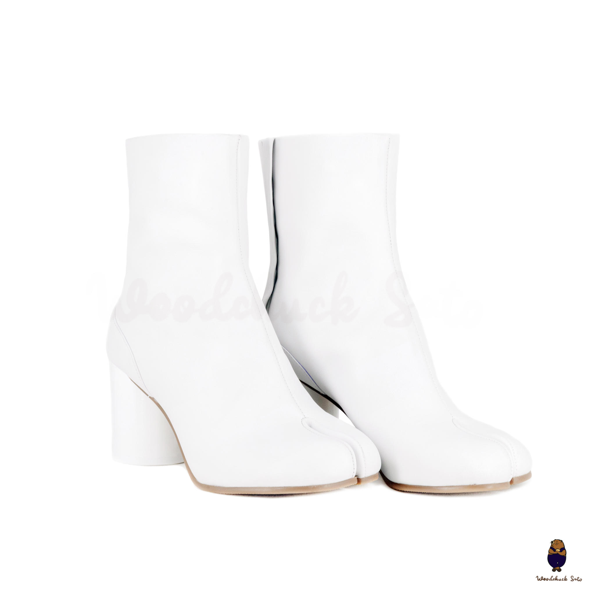 WoodchuckSato White Cow Leather Tabi Ankle Boots with 8 cm Block Heel