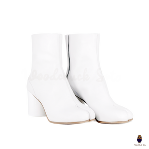 WoodchuckSato White Cow Leather Tabi Ankle Boots with 8 cm Block Heel
