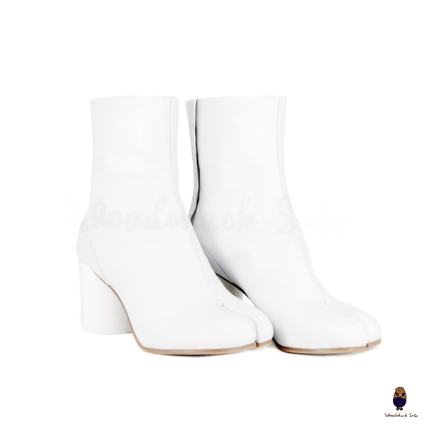 WoodchuckSato White Cow Leather Tabi Ankle Boots with 8 cm Block Heel