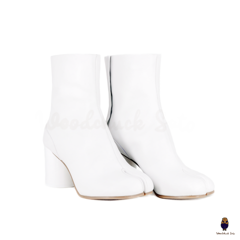 WoodchuckSato White Cow Leather Tabi Ankle Boots with 8 cm Block Heel