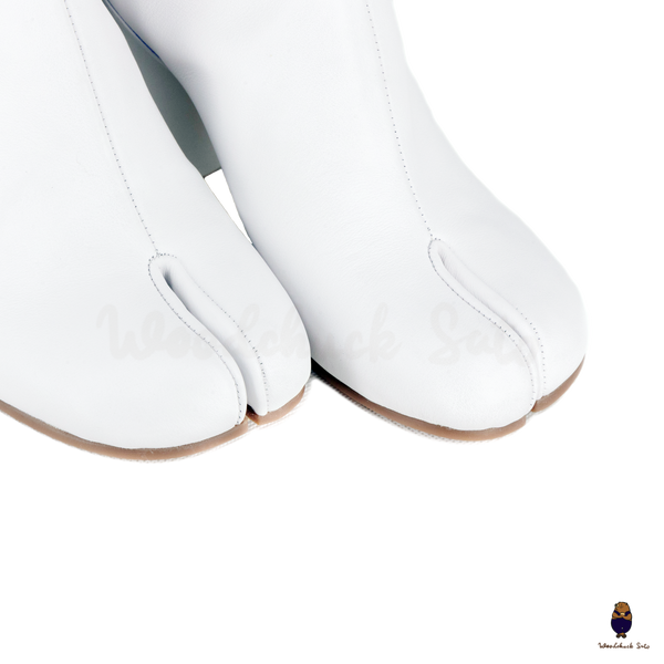 WoodchuckSato White Cow Leather Tabi Ankle Boots with 8 cm Block Heel