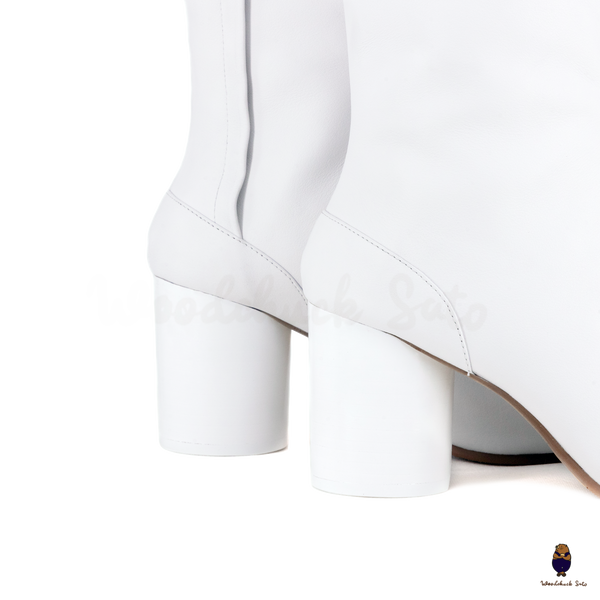 WoodchuckSato White Cow Leather Tabi Ankle Boots with 8 cm Block Heel