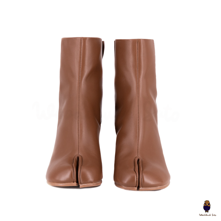 WoodChuckSato Women's Men's Caramel Brown Tabi Split-Toe Cow Leather Boots with 8cm Heel Height Sizes EU 35-48
