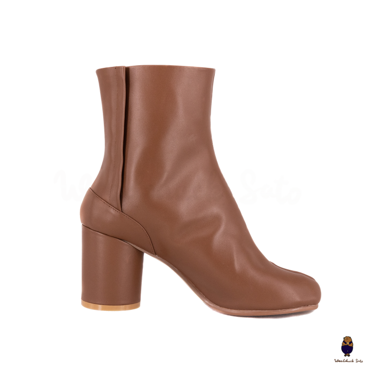 WoodChuckSato Women's Men's Caramel Brown Tabi Split-Toe Cow Leather Boots with 8cm Heel Height Sizes EU 35-48