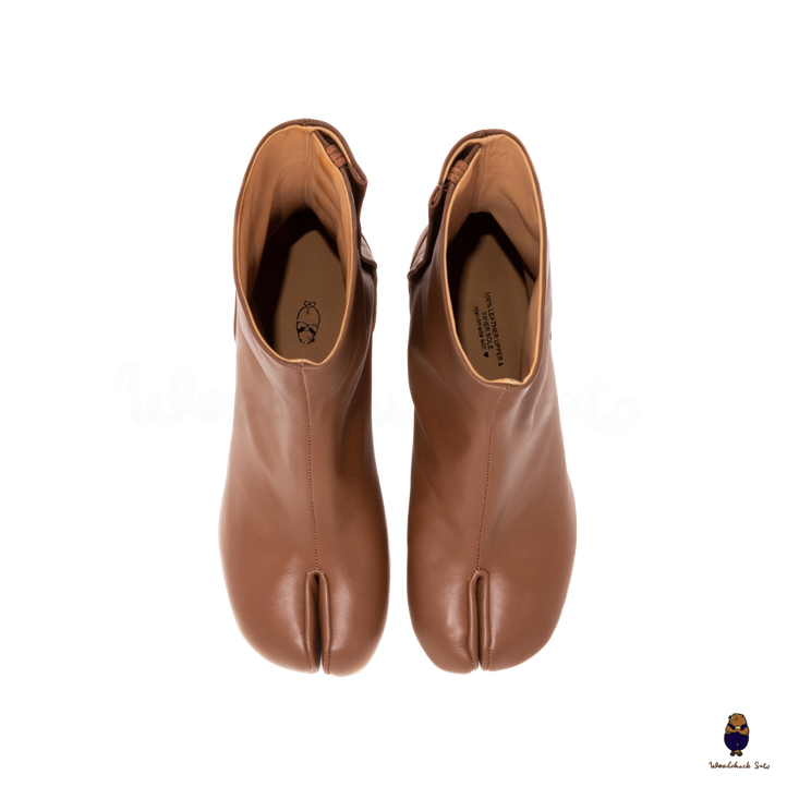 WoodChuckSato Women's Men's Caramel Brown Tabi Split-Toe Cow Leather Boots with 8cm Heel Height Sizes EU 35-48