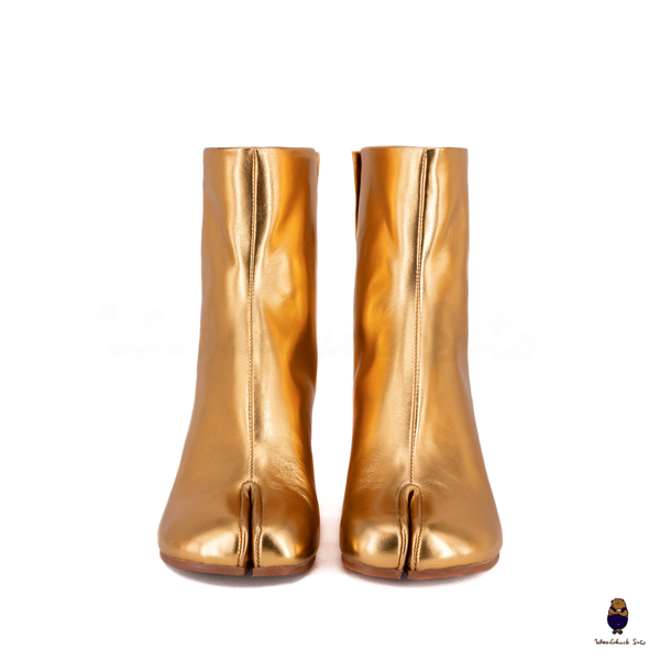 WoodChuckSato Botas de cuero de vaca con punta dividida y Tabi dorado para hombre y mujer con tacón de 8 cm de altura, tallas EU 35-48