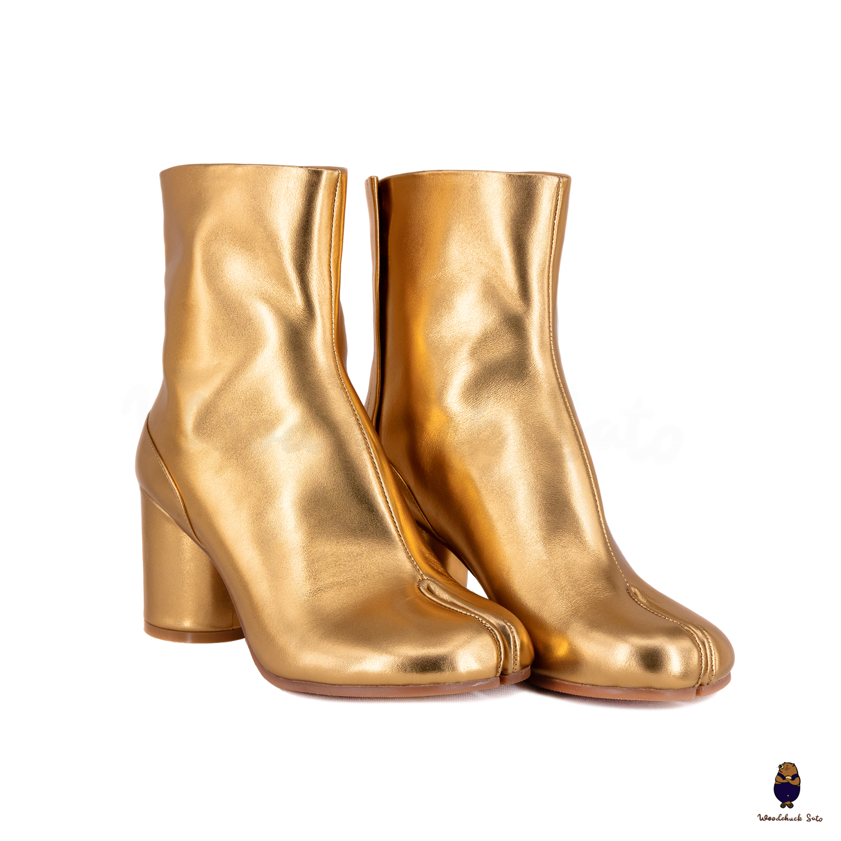 WoodChuckSato Botas de cuero de vaca con punta dividida y Tabi dorado para hombre y mujer con tacón de 8 cm de altura, tallas EU 35-48