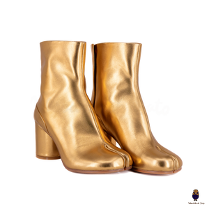 WoodChuckSato Botas de cuero de vaca con punta dividida y Tabi dorado para hombre y mujer con tacón de 8 cm de altura, tallas EU 35-48