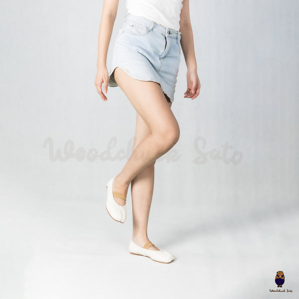 WoodchuckSato White Leather Tabi Flats with Ruched and Beige Elastic Strap