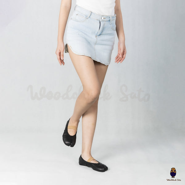 WoodchuckSato Black Leather Tabi Ballet Flats with Beige Elastic Strap & Ruched