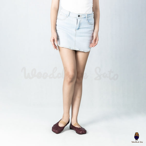 WoodchuckSato Burgundy Leather Tabi Flats with Ruched and Elastic Strap