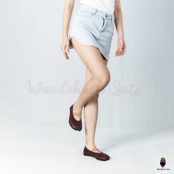 WoodchuckSato Burgundy Leather Tabi Flats with Ruched and Elastic Strap
