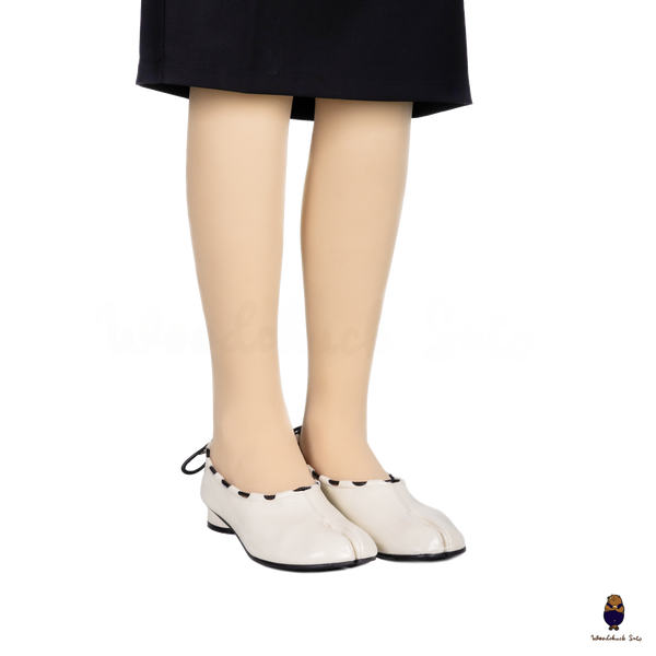 WoodchuckSato Ivory Leather Tabi Mary Jane Heels with Black Rope Trim