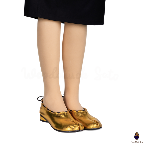 WoodchuckSato Gold Leather Tabi Heeled Flats with Black Rope Trim