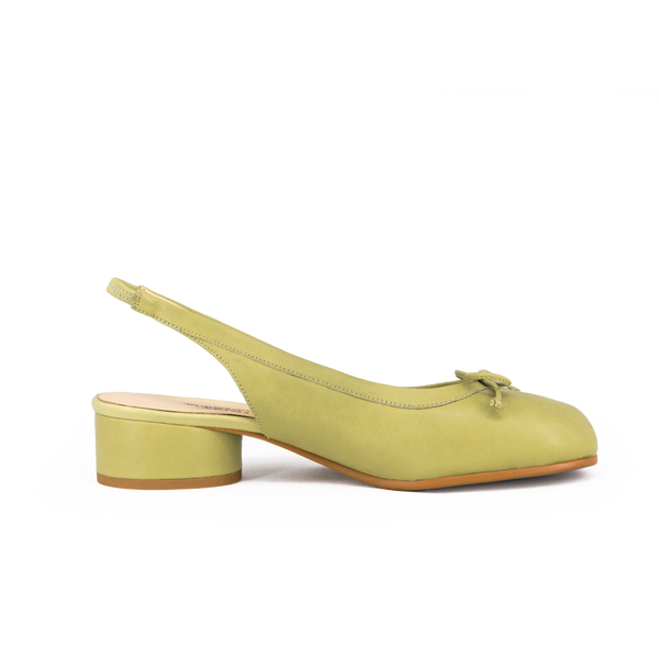 WoodchuckSato Green Sheep Leather Slingback Tabi Bow Pumps with Elastic Band