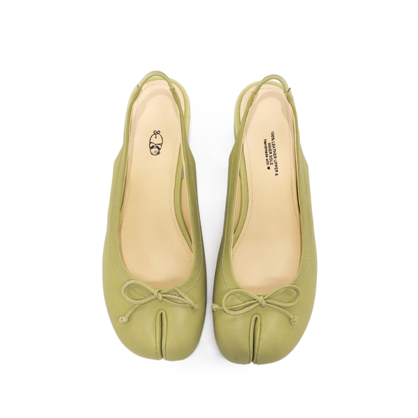 WoodchuckSato Green Sheep Leather Slingback Tabi Bow Pumps with Elastic Band