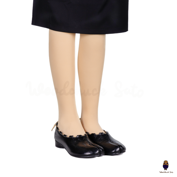 WoodchuckSato Black Leather Tabi Mary Jane Heels with Black Rope Trim