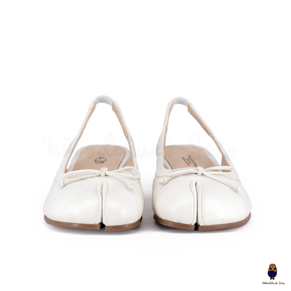 WoodchuckSato White Sheep Leather Slingback Tabi Bow Pumps with Elastic Band