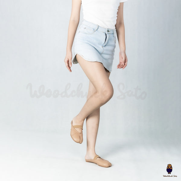 WoodchuckSato Nude Leather Tabi Slip-On Flats with Beige Elastic Strap & Ruched