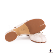 WoodChuckSato White Tabi Split-Toe Sheep Leather Summer Sandals with Low Heels & Elastic Band Sizes EU 35-45