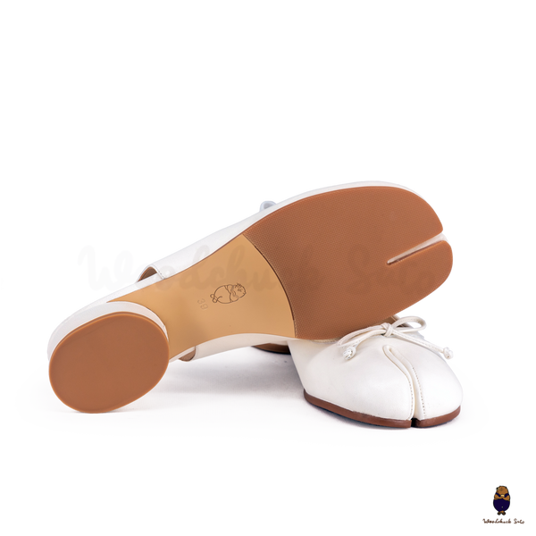 WoodchuckSato White Sheep Leather Slingback Tabi Bow Pumps with Elastic Band