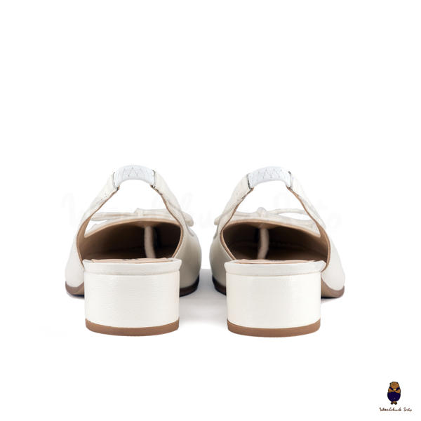 WoodchuckSato White Sheep Leather Slingback Tabi Bow Pumps with Elastic Band