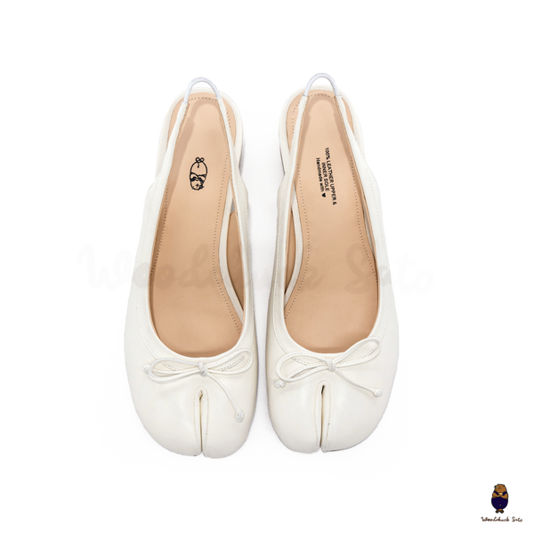 WoodchuckSato White Sheep Leather Slingback Tabi Bow Pumps with Elastic Band