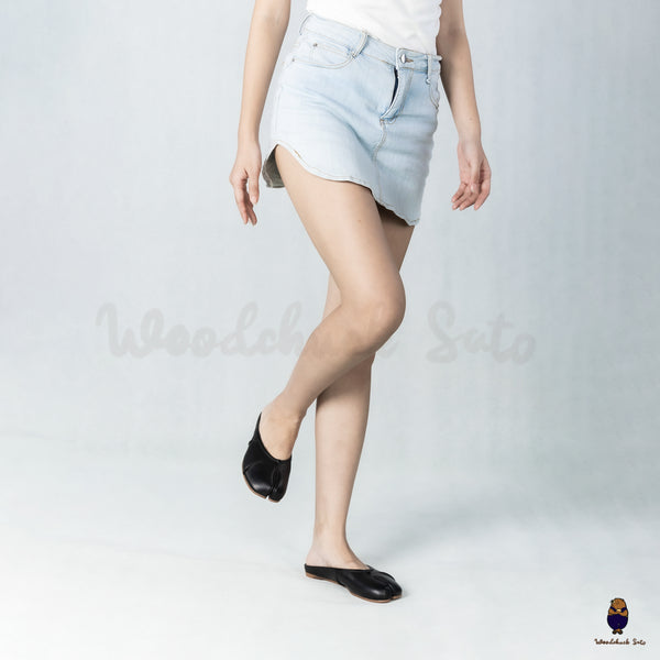 WoodchuckSato Black Leather Tabi Mules with Ruched