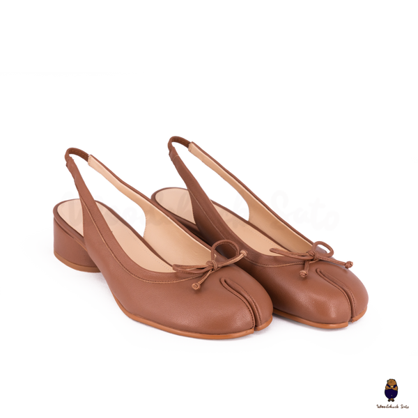 WoodChuckSato Brown Tabi Split-Toe Sheep Leather Summer Sandals with Low Heels & Elastic Band Sizes EU 35-45