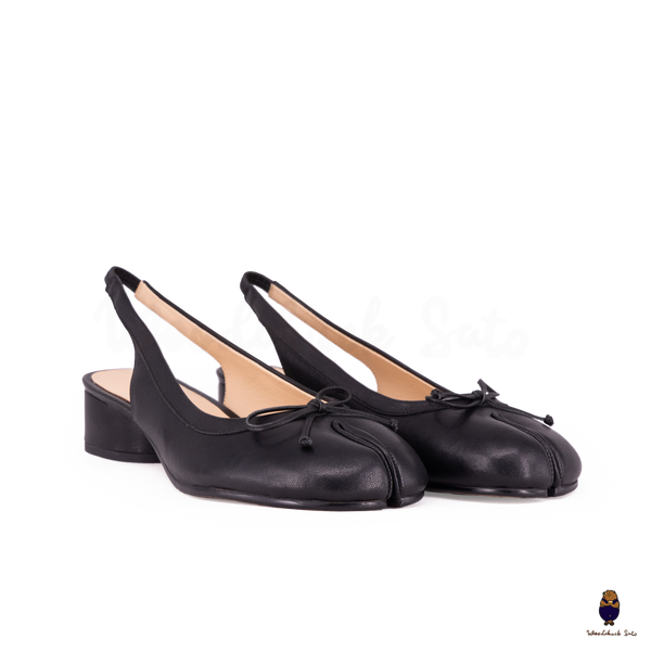 WoodchuckSato Black Cow Leather Slingback Tabi Bow Pumps with