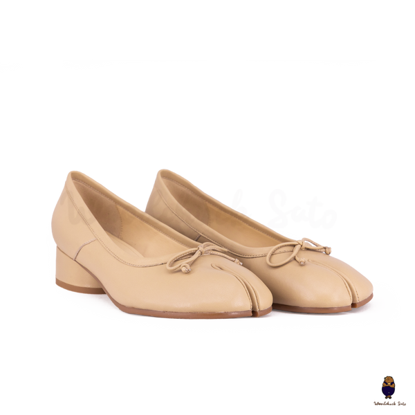 WoodChuckSato Mary Jane de piel de oveja con puntera dividida y tacón de 3 cm y lazo para mujer, color beige, tallas EU 35-45