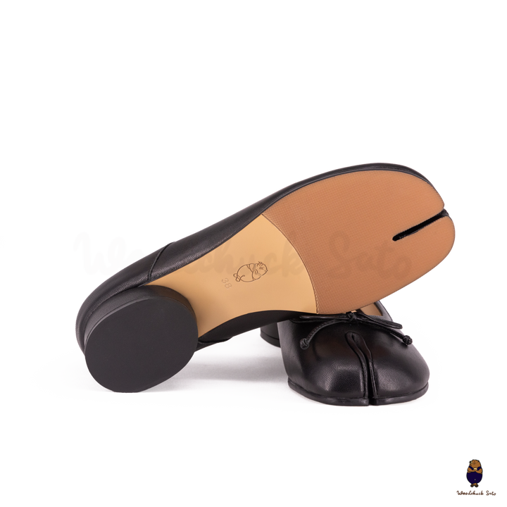 WoodChuckSato Mary Jane de piel de oveja con puntera dividida y tacón de 3 cm y lazo para mujer, color negro, tallas EU 35-45