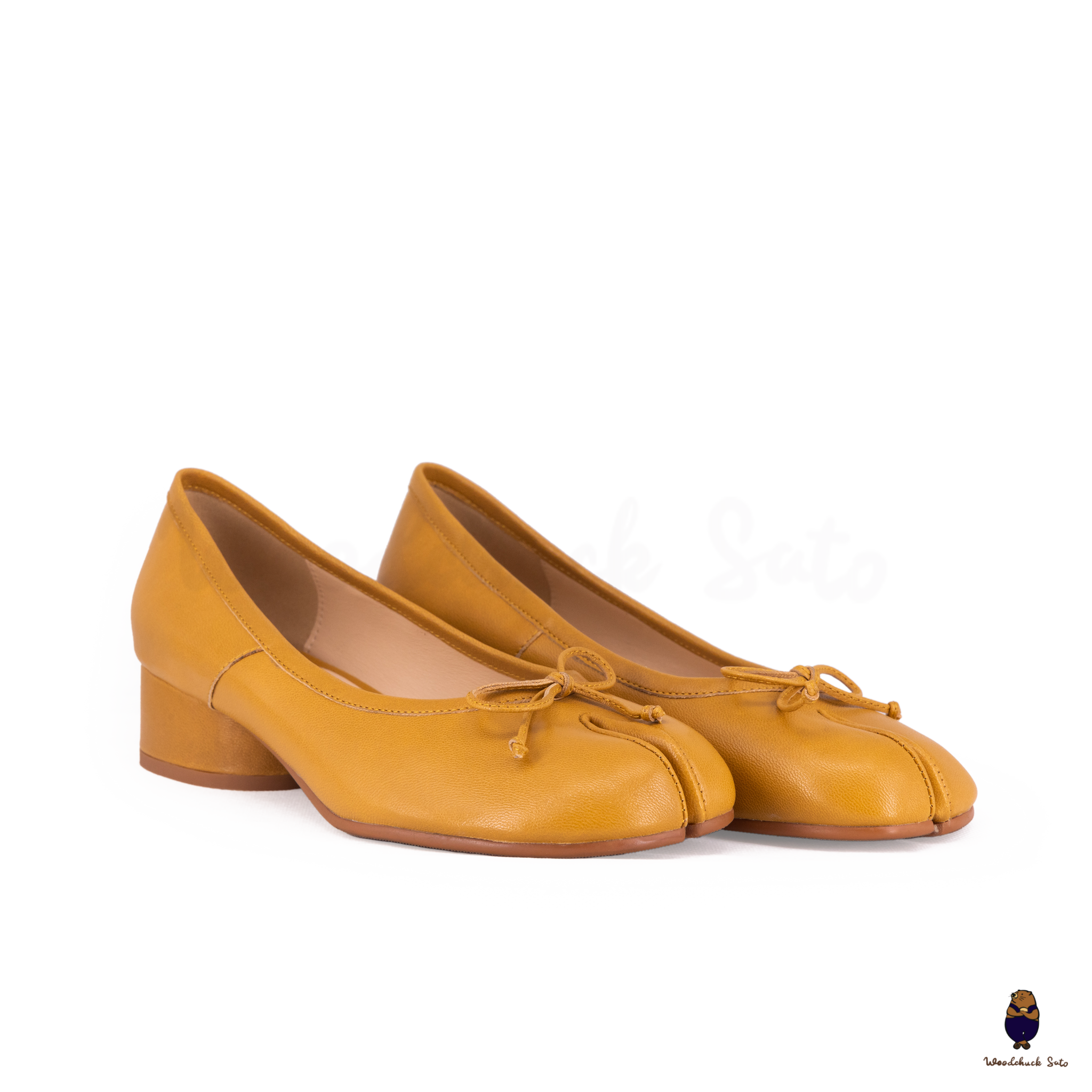 WoodChuckSato Women's Yellow Tabi Split-Toe Sheep Leather Mary Jane Shoes with 3cm Heel & Bow Sizes EU 35-45