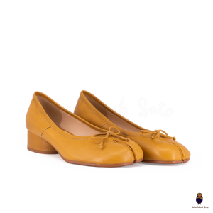 WoodChuckSato Women's Yellow Tabi Split-Toe Sheep Leather Mary Jane Shoes with 3cm Heel & Bow Sizes EU 35-45
