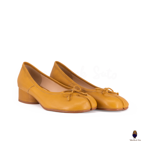 WoodChuckSato Women's Yellow Tabi Split-Toe Sheep Leather Mary Jane Shoes with 3cm Heel & Bow Sizes EU 35-45