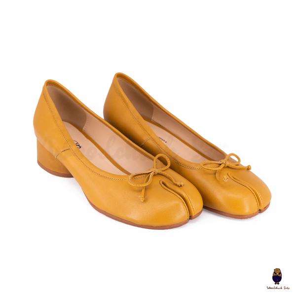 WoodChuckSato Women's Yellow Tabi Split-Toe Sheep Leather Mary Jane Shoes with 3cm Heel & Bow Sizes EU 35-45