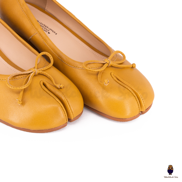 WoodChuckSato Women's Yellow Tabi Split-Toe Sheep Leather Mary Jane Shoes with 3cm Heel & Bow Sizes EU 35-45